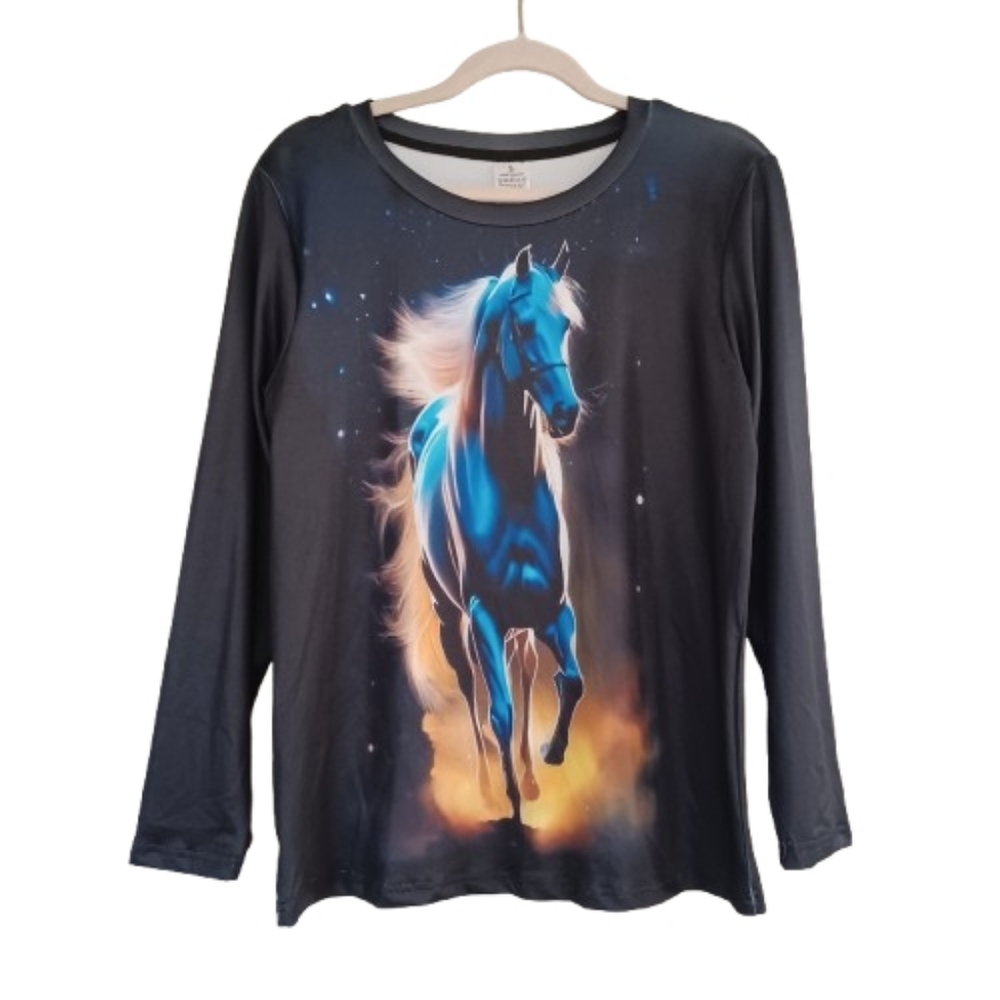Women's Black Long Sleeve Stretchy Shirt with Blue Horse Graphic